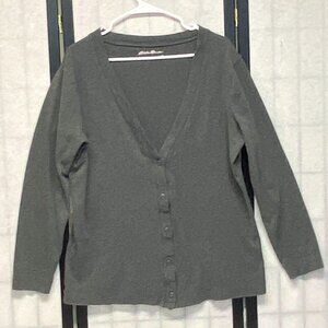 Eddie Bauer Grey V-Neck Button Front Cotton Cardigan Lightweight XL Long Sleeve